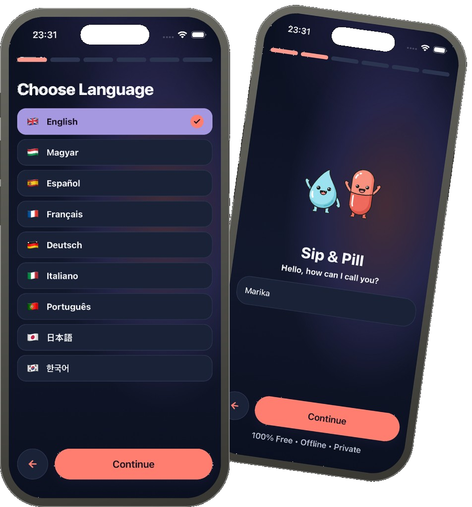 Sip & Pill language picker and welcome screens